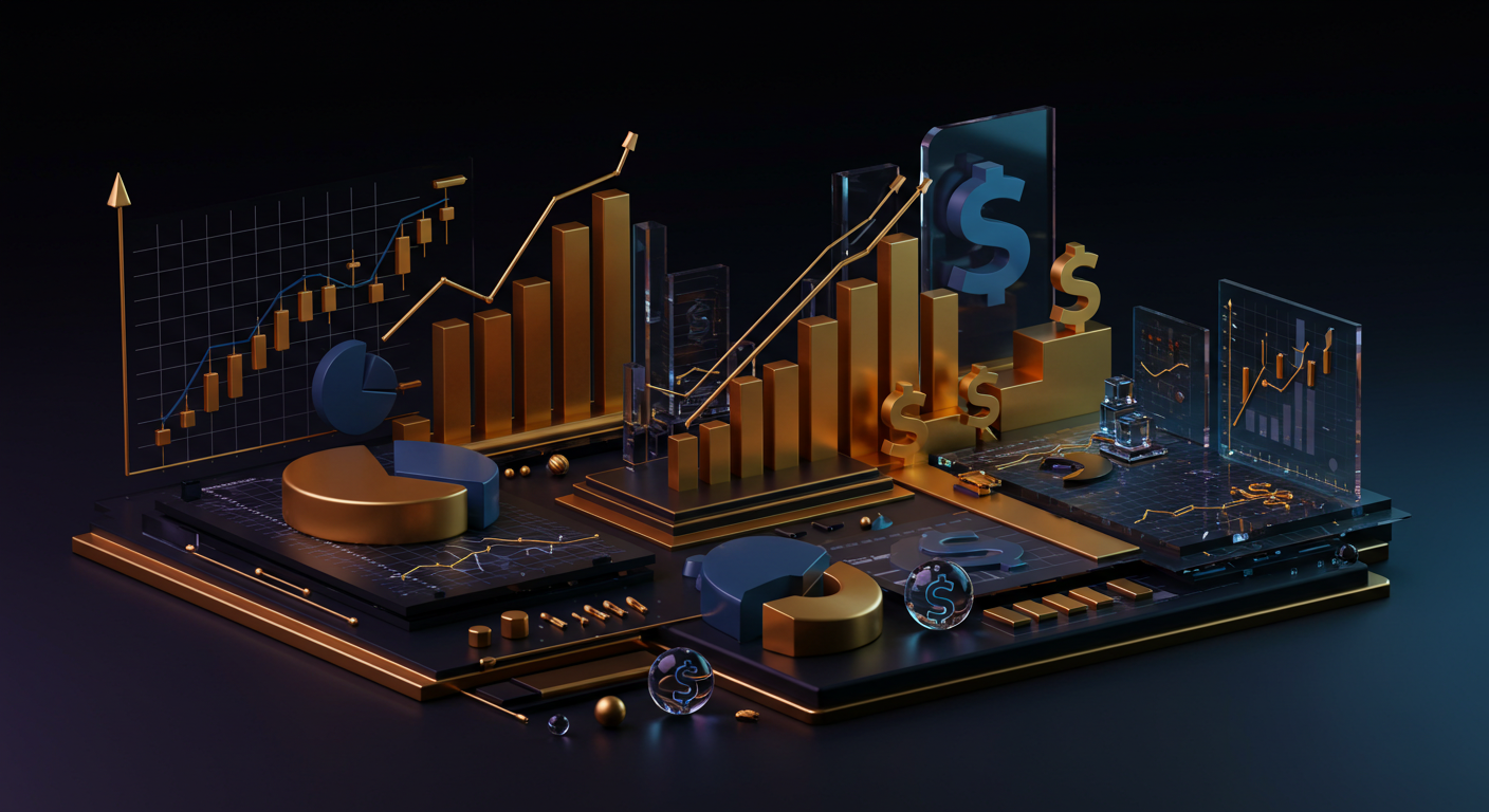 3D financial data scene with rising bar charts, charts, dollar signs, and pie charts on a dark platform, suggesting economic growth and analytics.