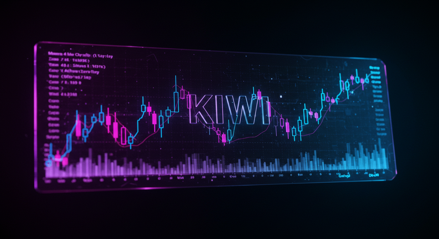Neon-lit stock chart on a transparent display showing blue and pink candlesticks and volume bars, with KIWI centered on the screen.