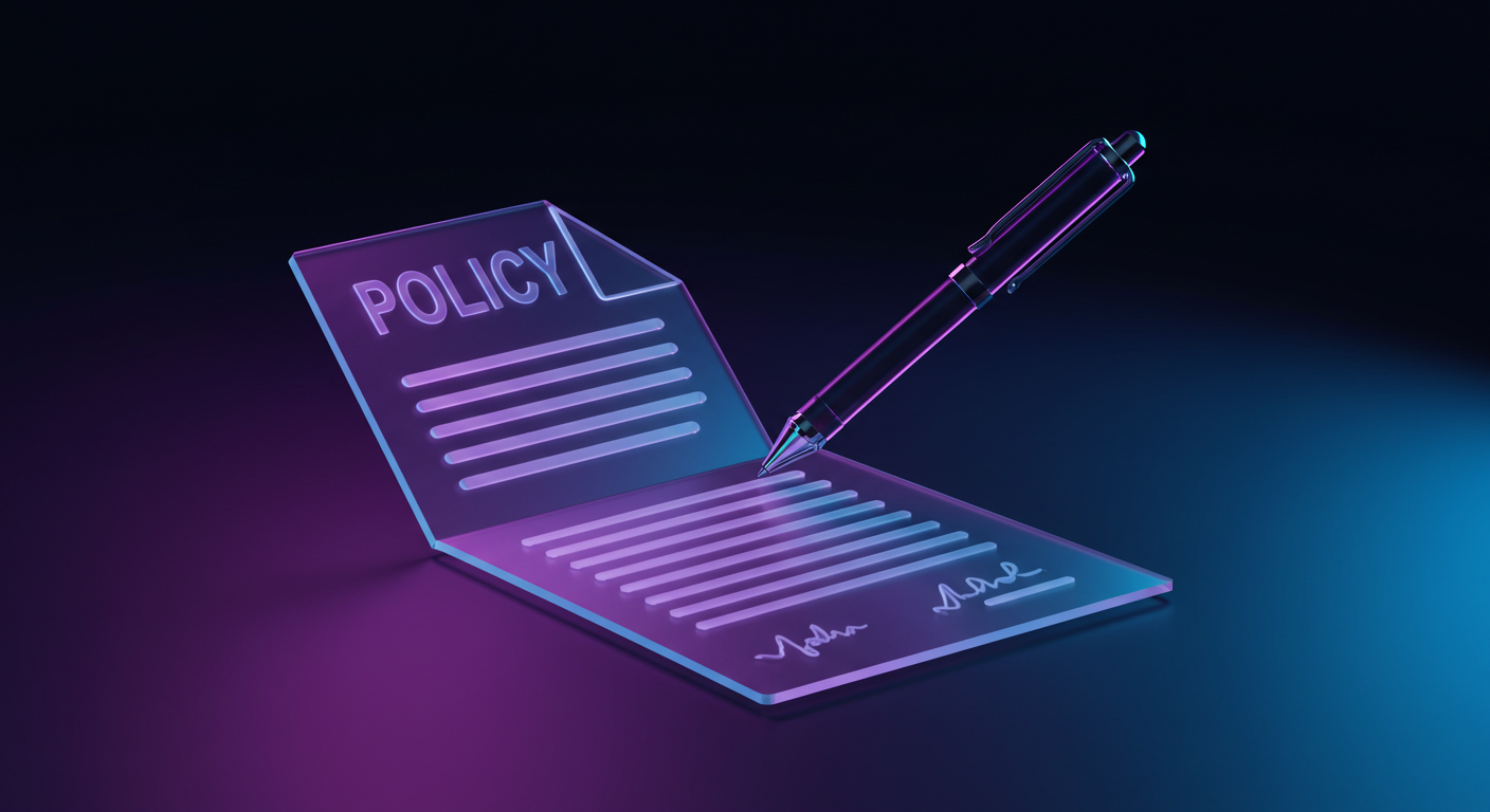 Open policy document with a glowing pen poised to sign on a translucent folder with neon lighting.