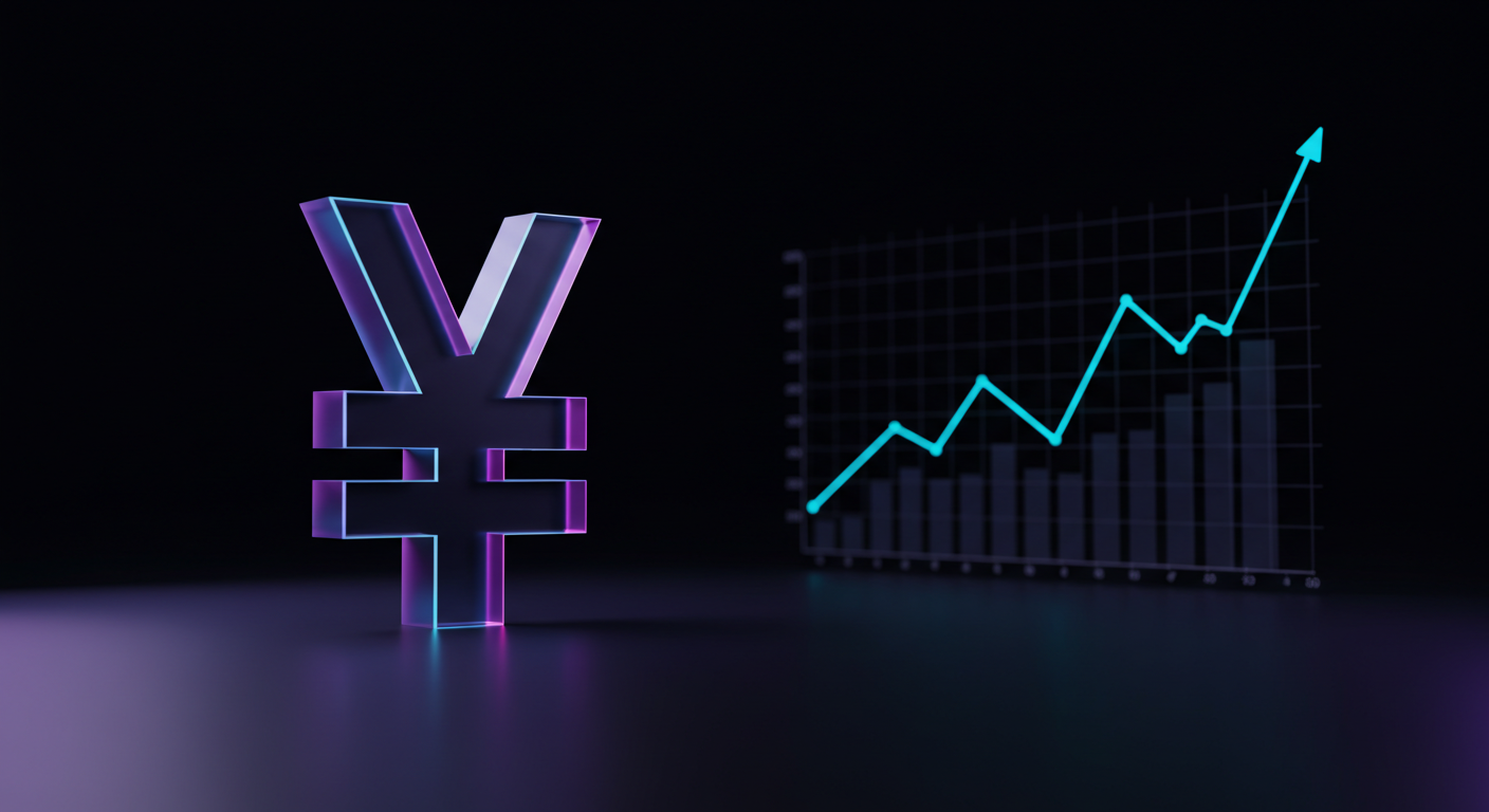 3D Japanese yen symbol with a rising blue line chart on a dark background, indicating financial growth in yen values.