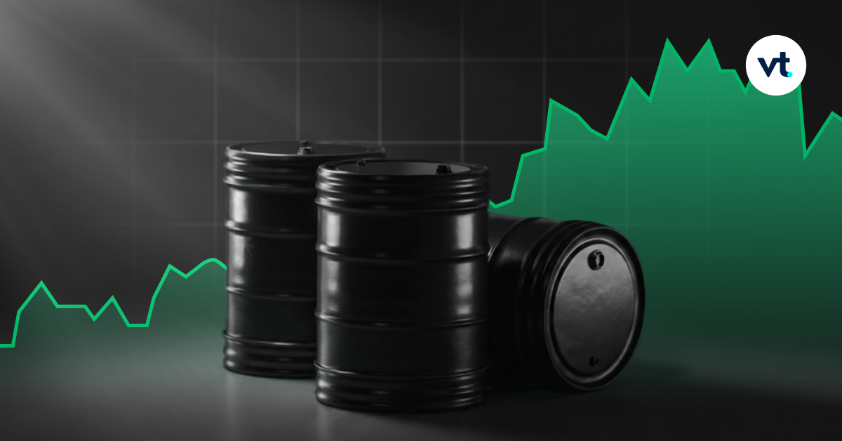 Oil barrels in the foreground with a green ascending line graph, signaling rising oil prices or energy market growth.