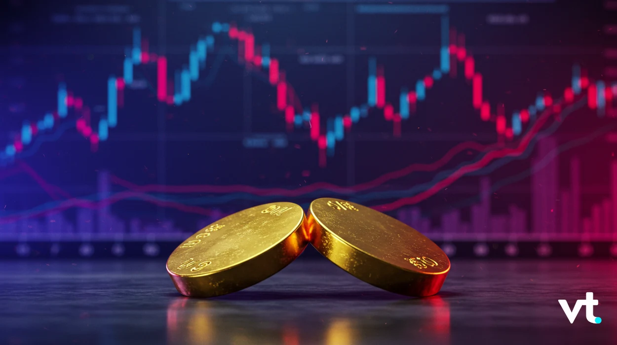 Two gold coins leaning together on a reflective surface, with a colorful stock market chart in the background.