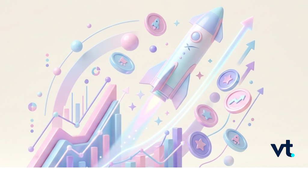 Pastel rocket launching upward amid colorful graphs, arrows, and orbs, symbolizing tech growth and momentum. (VT logo bottom-right)