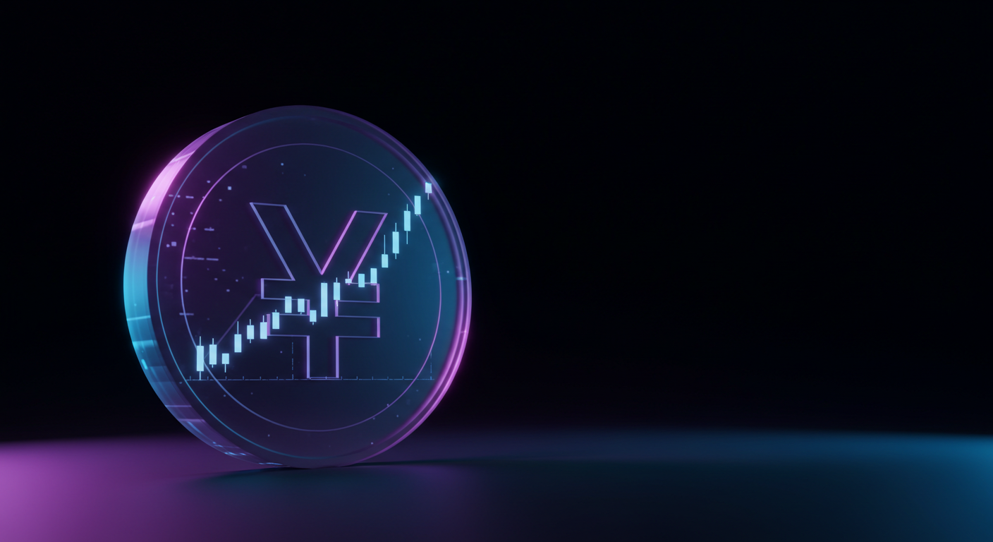 Glowing Yen cryptocurrency coin with a candlestick chart inside, set against a dark, neon-lit background.