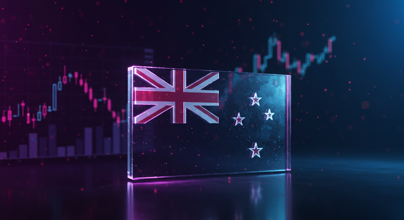 Glass panel showing the New Zealand flag with a neon pink glow in front of a financial chart background.