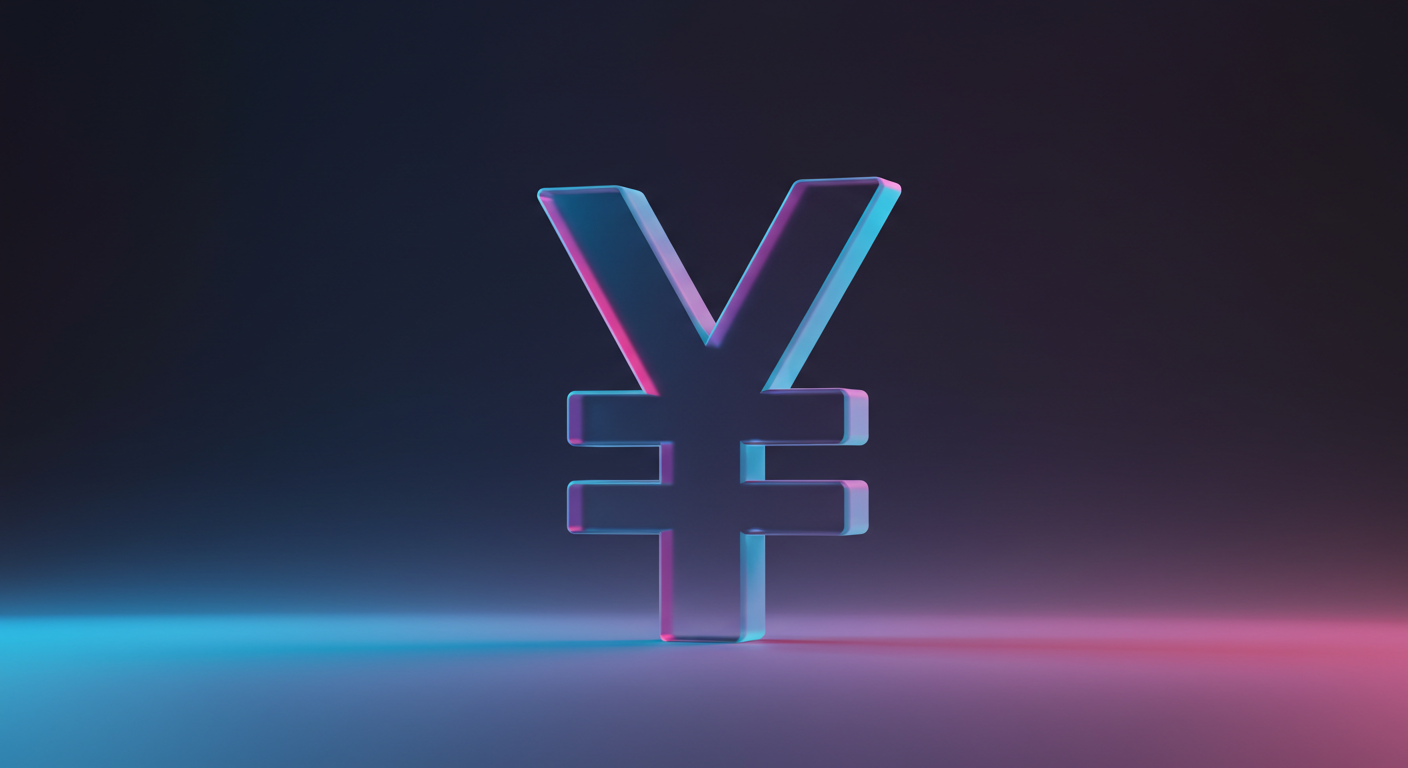 Glowing 3D yen symbol (¥) on a reflective blue-pink neon floor with a dark gradient background.