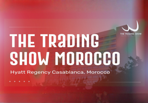 Event banner for The Trading Show Morocco at Hyatt Regency Casablanca; bold white title on a red overlay with venue text in smaller font.