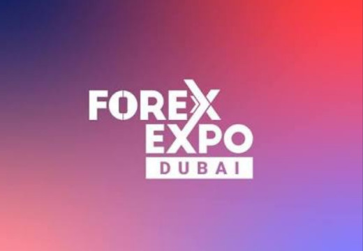 Forex Expo Dubai logo centered on a pink-to-purple gradient background.