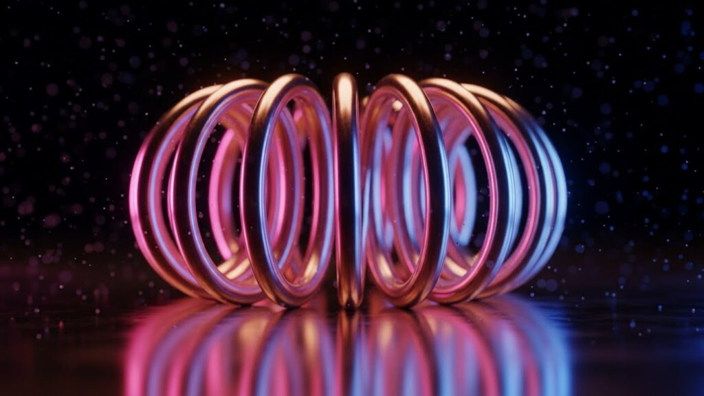 Colorful metallic springs arranged in a circle on a reflective surface with neon pink and blue lighting in a dark background.
