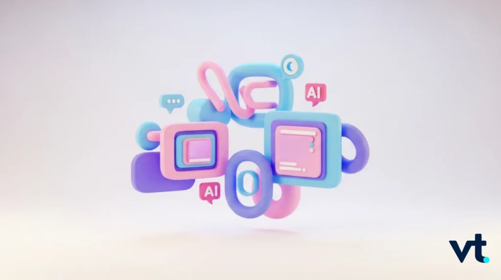 Färgstarka 3D-former som bildar kvadratiska skärmar och chattikoner, som symboliserar artificiell intelligens (AI).