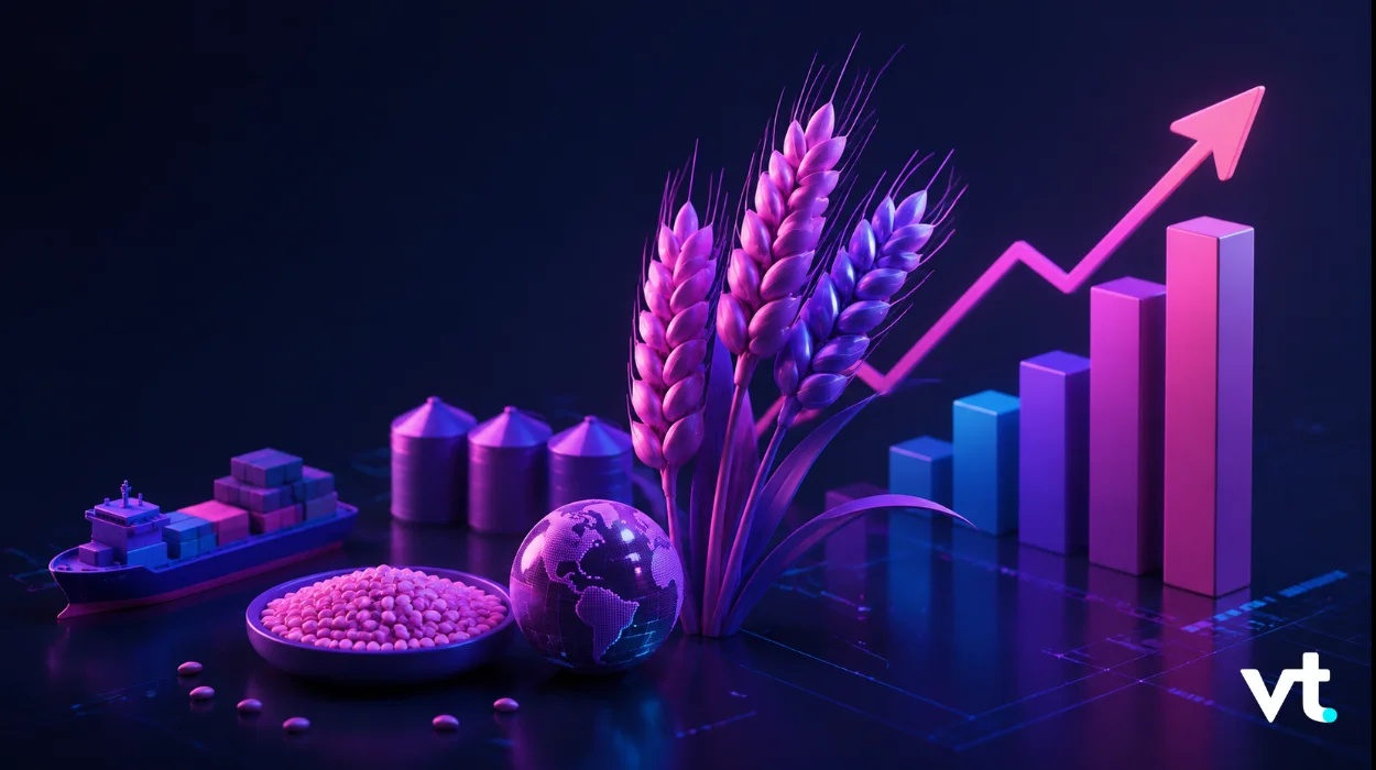 Neon-toned graphic of a rising bar chart and upward arrow beside a globe, wheat, and a cargo ship, signaling global growth.