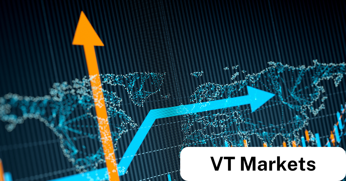 A digital financial chart with upward-trending blue and orange arrows indicating market trends. A global map with data points represents forex trading insights. The VT Markets logo is displayed, reinforcing its expertise in forex trend analysis.