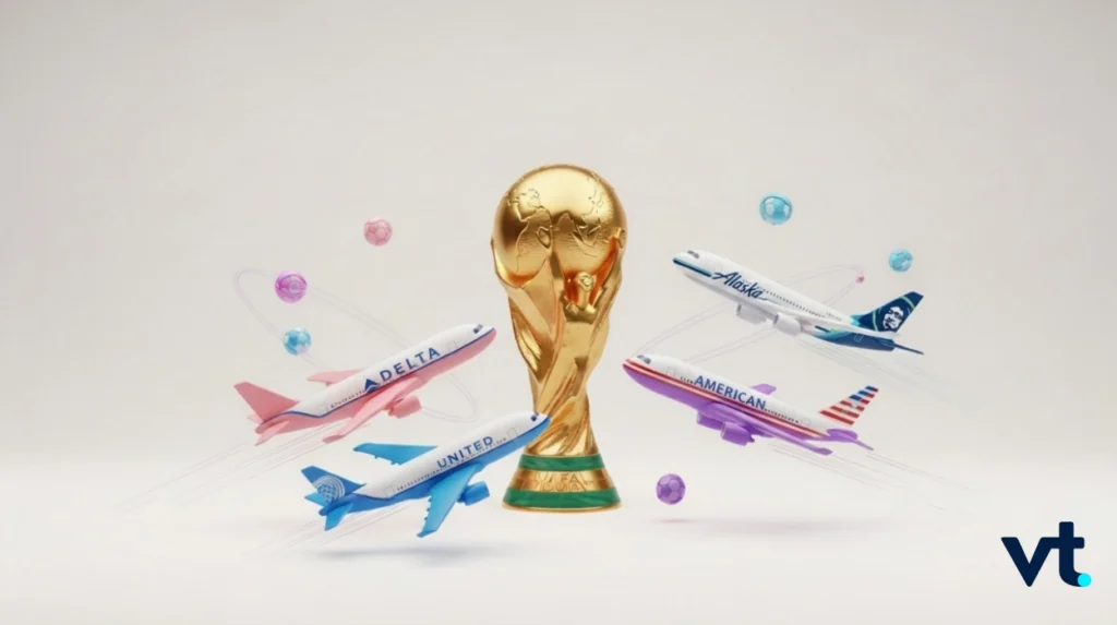 ถ้วยรางวัลฟุตบอลโลกสีทอง ล้อมด้วยเครื่องบินลายแบรนด์สีสัน (Delta, United, American, Alaska) บินวนรอบ ๆ สื่อถึงการเดินทางระหว่างประเทศเพื่อร่วมงาน