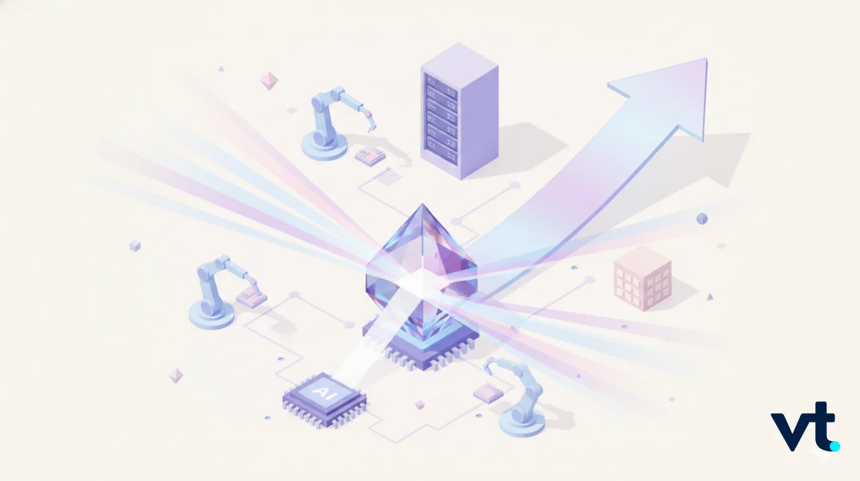 Abstract tech illustration of AI-driven automation with robotic arms, a server rack, an AI chip, and a rising arrow symbolizing growth.