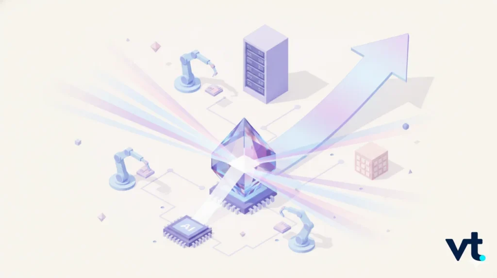 Abstract illustration of AI and automation with robotic arms, data server, and a glowing central crystal and rising arrow signifying growth.
