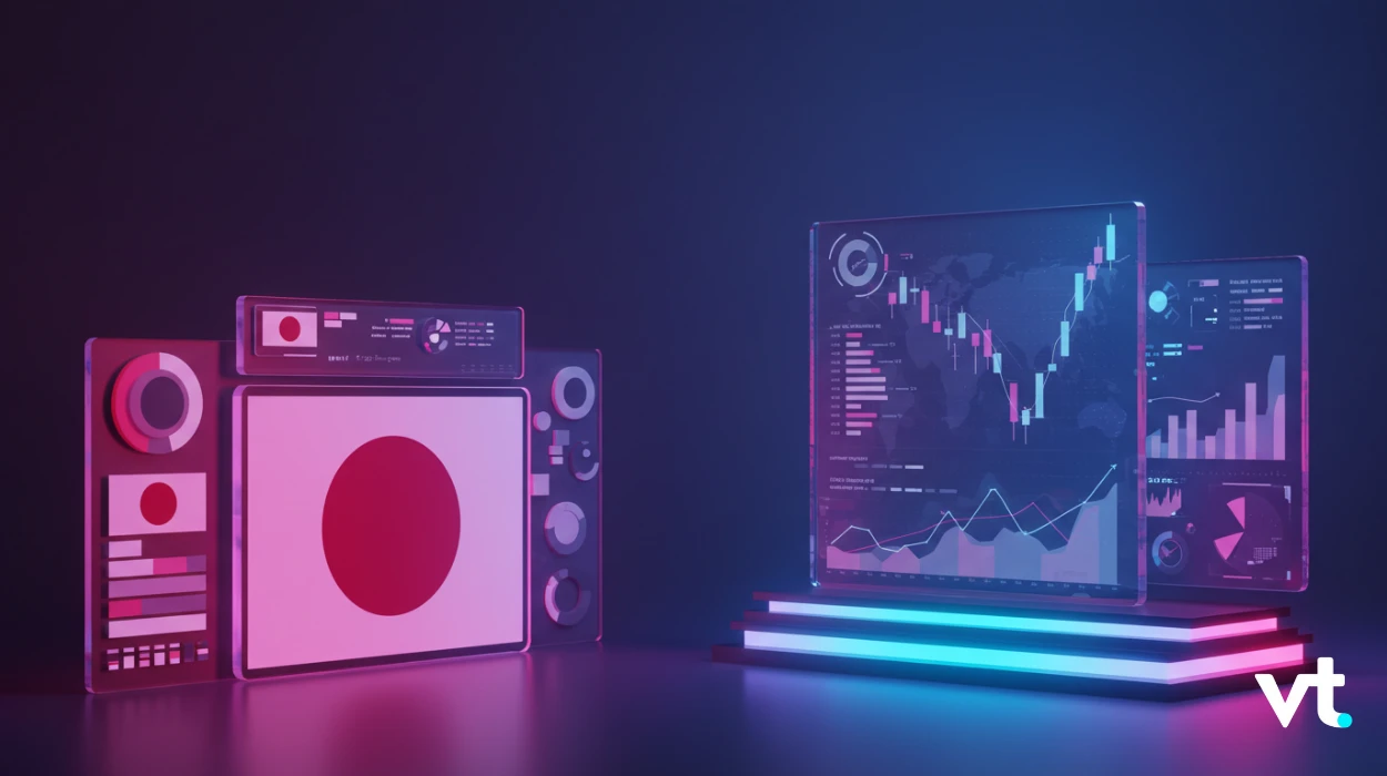 Futuristic data dashboards with glass screens displaying charts and graphs on neon-lit platforms.