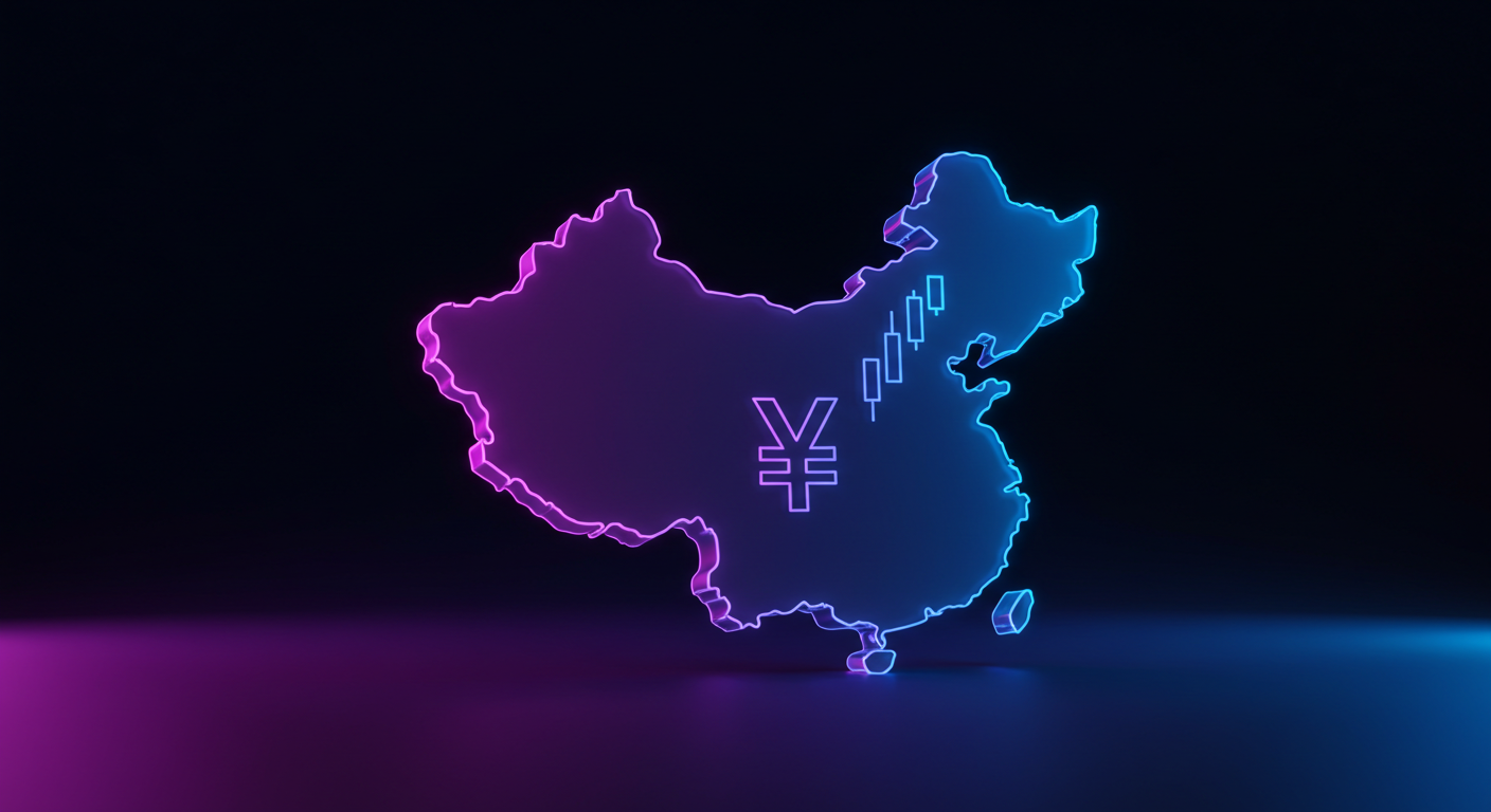 Neon-glow outline of China with a yuan symbol and stock candlesticks on a dark background, pink and blue hues.