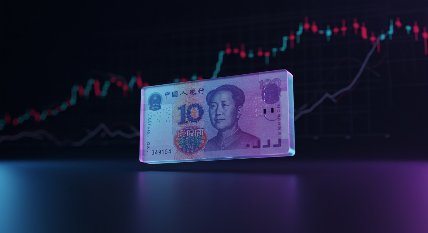 Floating Chinese 10-yuan banknote with neon glow over a stock market chart backdrop.