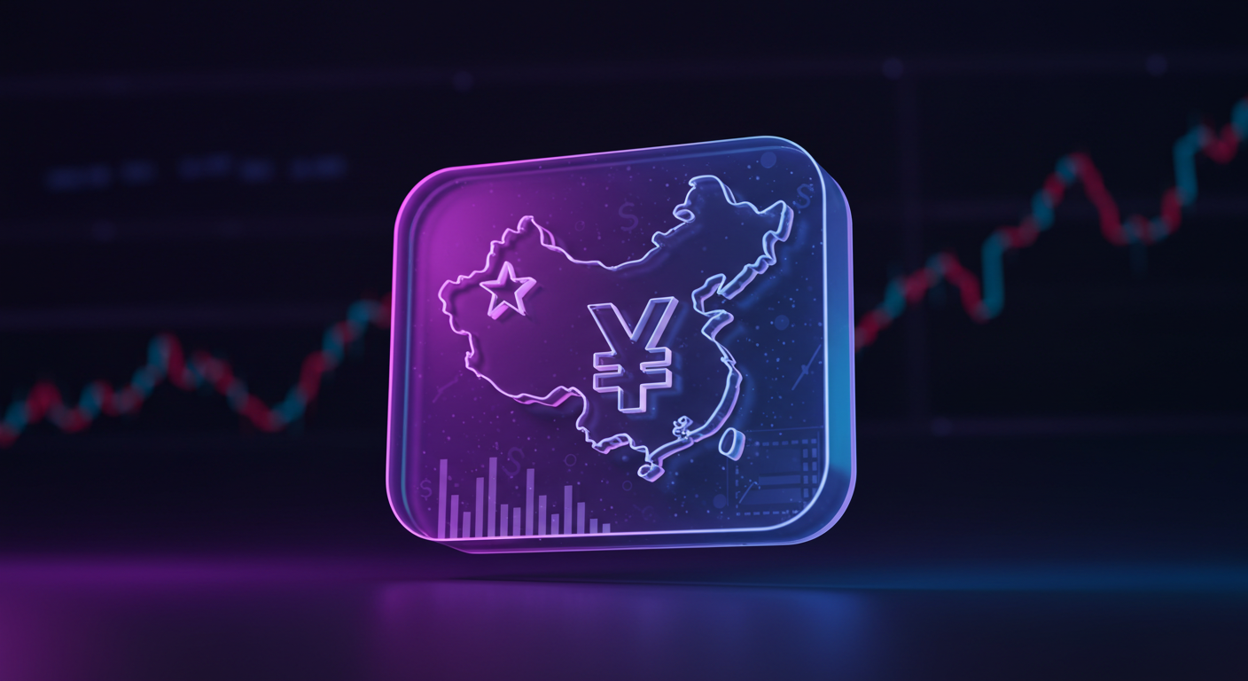 Neon icon of China map with a yuan symbol, set against a stock chart background (financial theme)