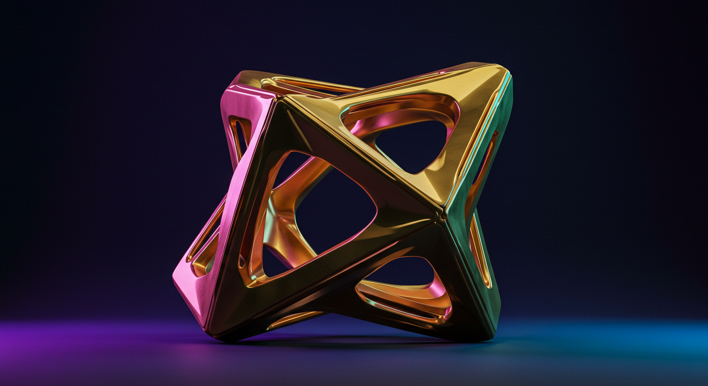 Polished geometric sculpture with interlocking triangular frames in gold, pink, and teal on a neon-lit surface, against a dark background.