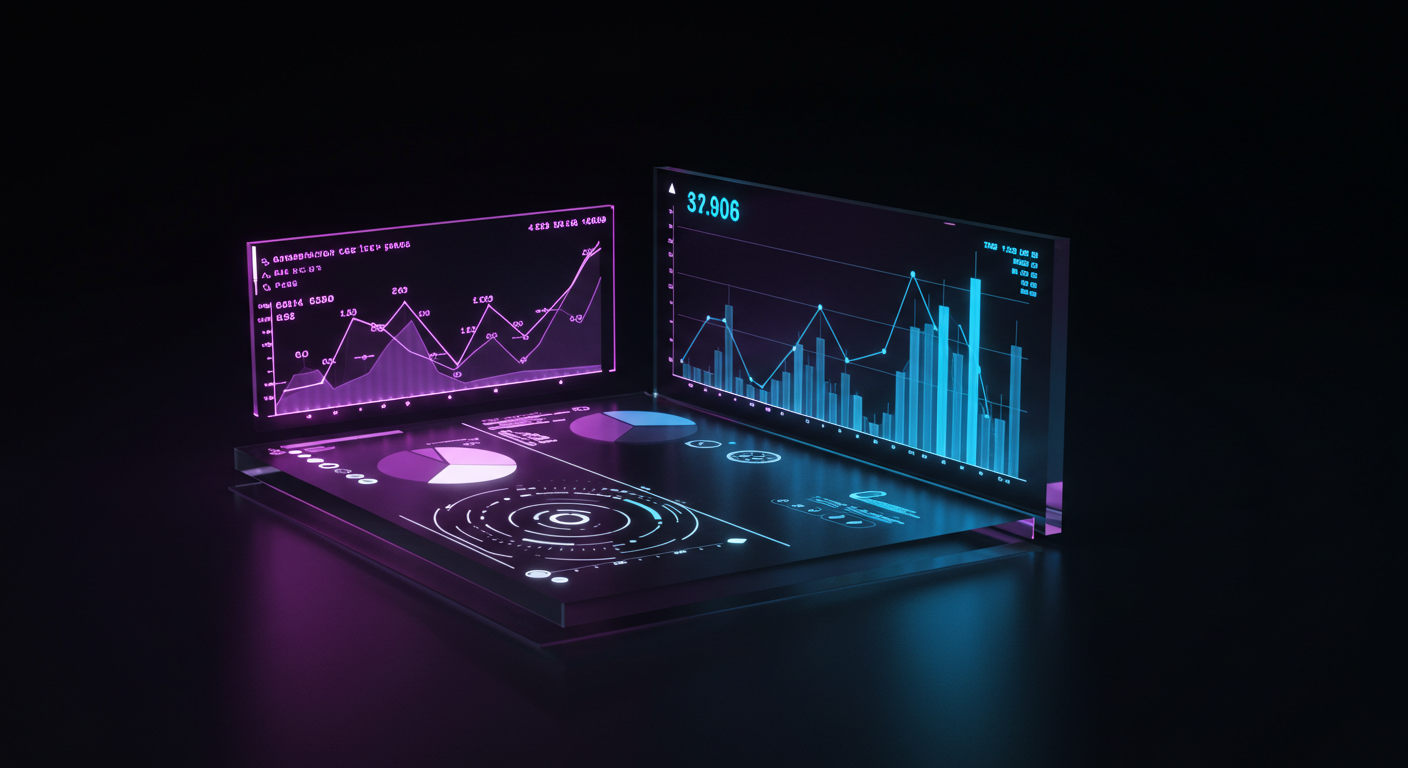 Futuristic glass dashboard showing neon pink and blue charts and graphs in a dark setting.