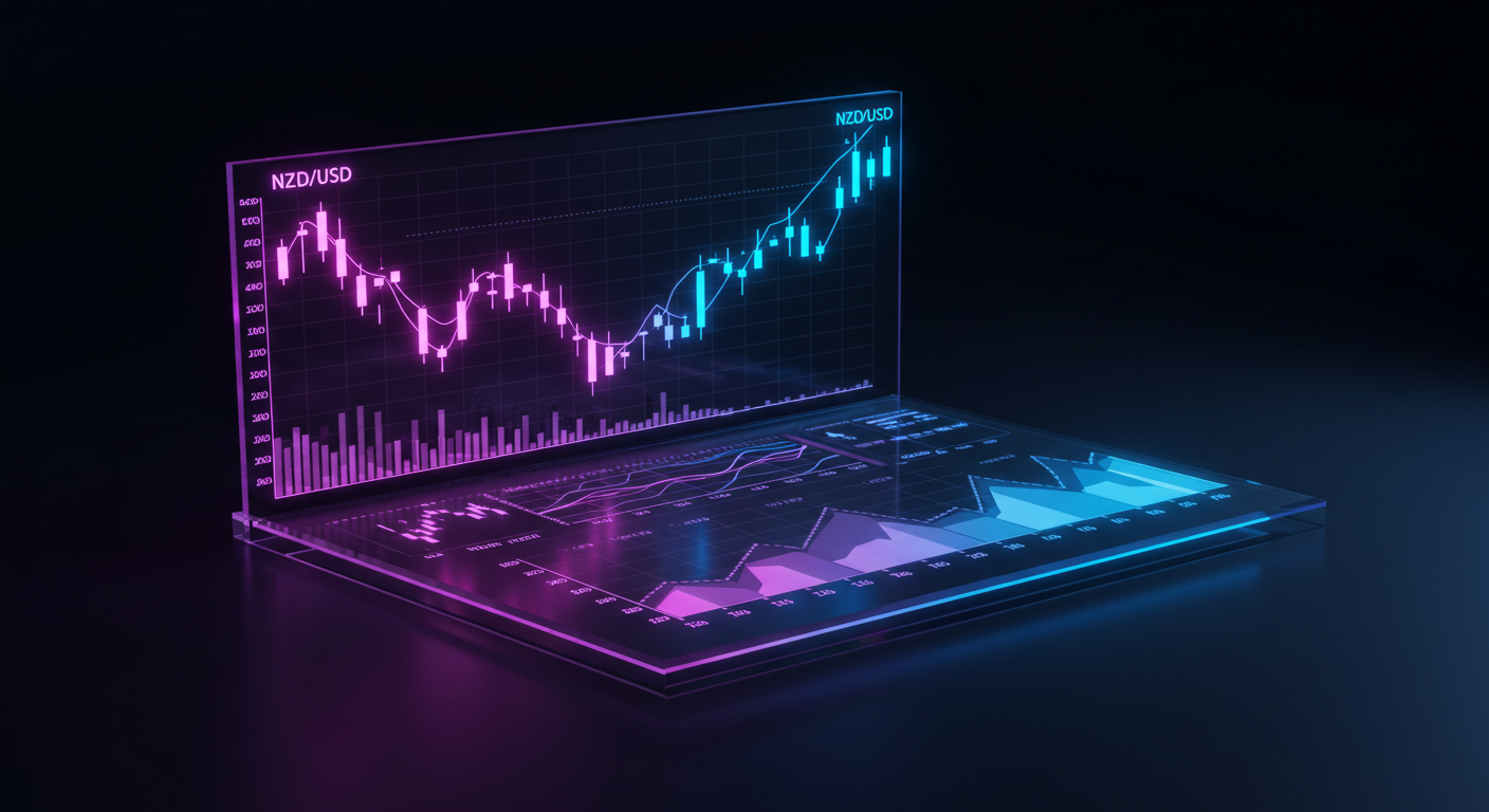 Neon-lit glass laptop displaying a currency chart (NZD/USD) with pink and blue candlesticks and bars in a dark background.