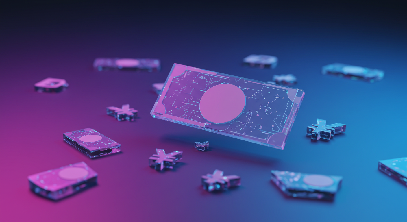 Translucent rectangular circuit board floating above a pink‑blue gradient, surrounded by smaller crystal-like chips.