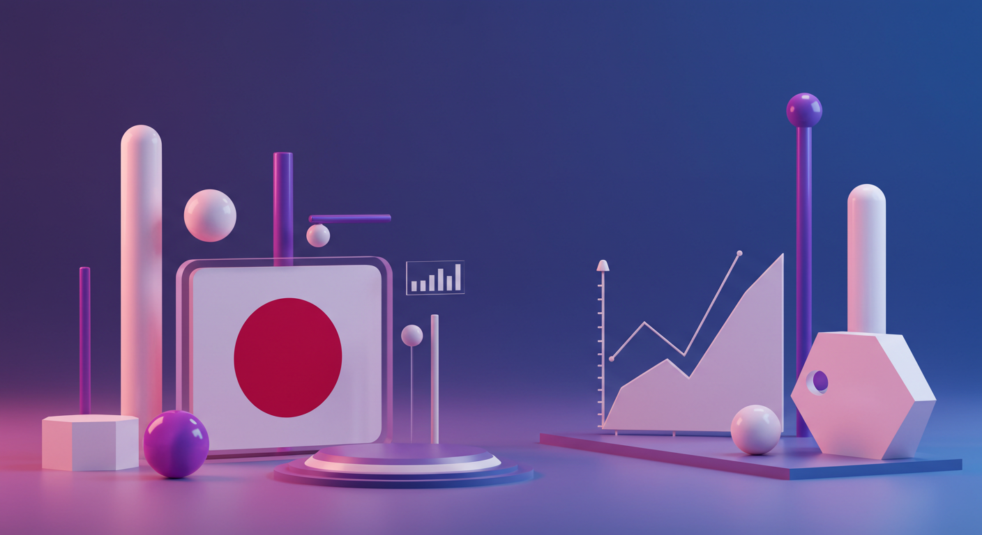 Abstract 3D scene with geometric shapes and a rising line chart on a blue-pink gradient backdrop, suggesting data visualization.