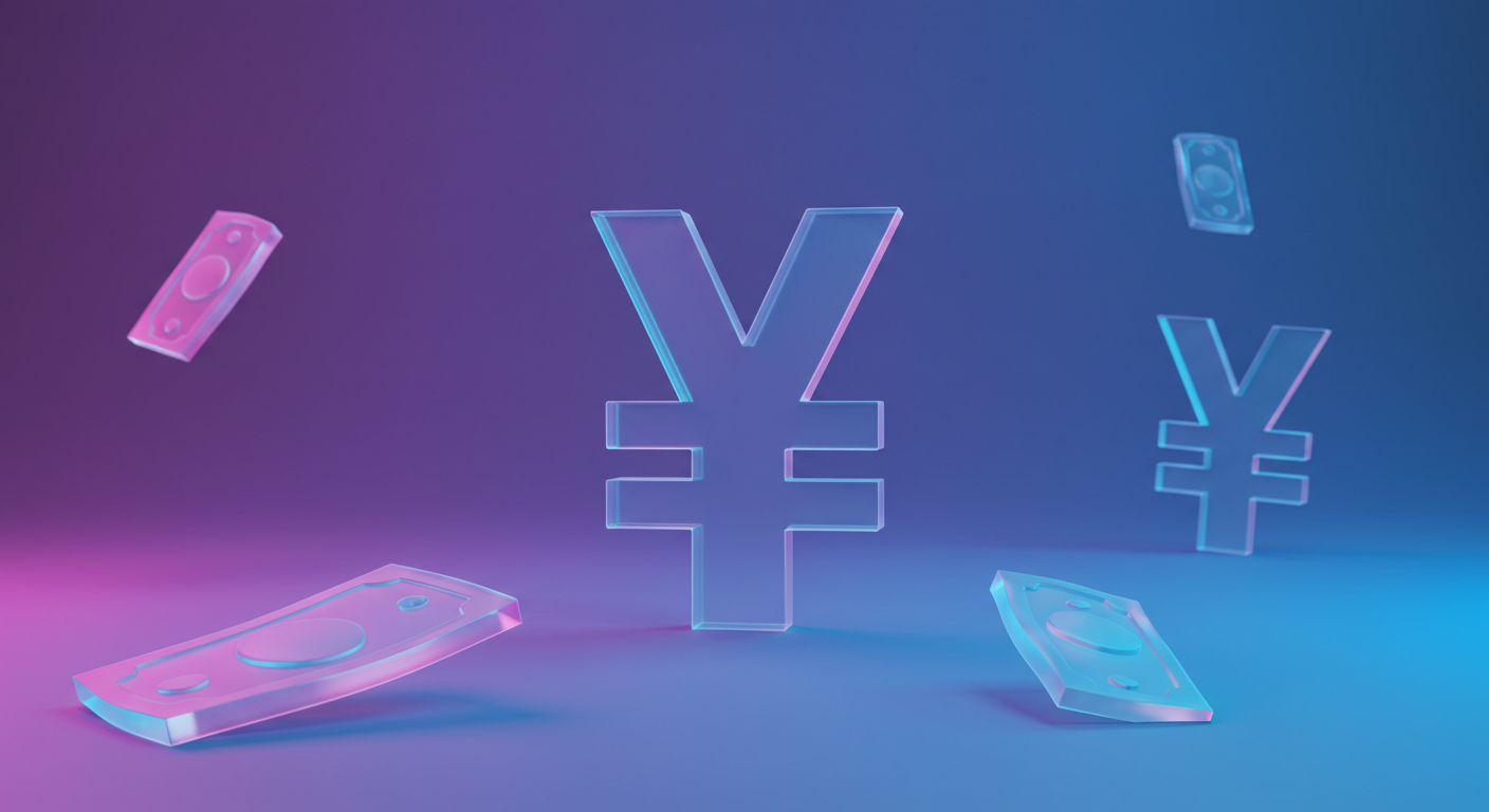Neon 3D currency symbols for yen and yuan with pink and blue floating banknotes in a gradient background.