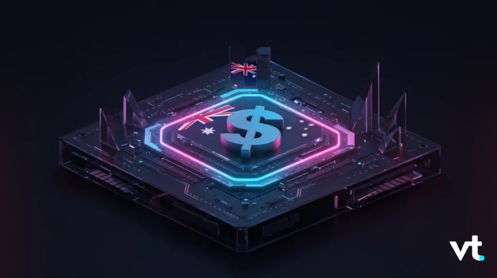 Futuristic neon circuit-board platform with a glowing dollar sign at the center, small country flags, and the VT logo in the corner.