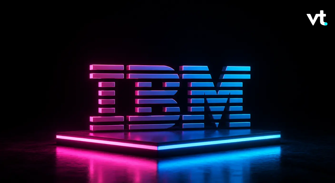 Neon pink and blue IBM logo sculpture on a glowing pedestal in a dark studio.