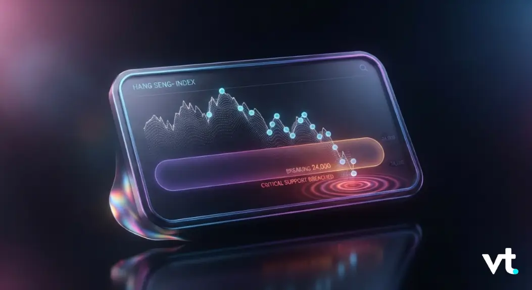 Holographic curved display showing a fluctuating stock chart labeled Hang Seng Index with data points and neon glow, vt logo bottom-right.