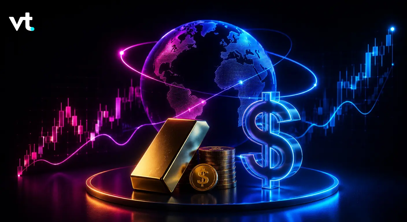 Global finance concept with a neon-lit globe, a large glowing dollar sign, a gold bar, and stacked coins with stock charts in the background