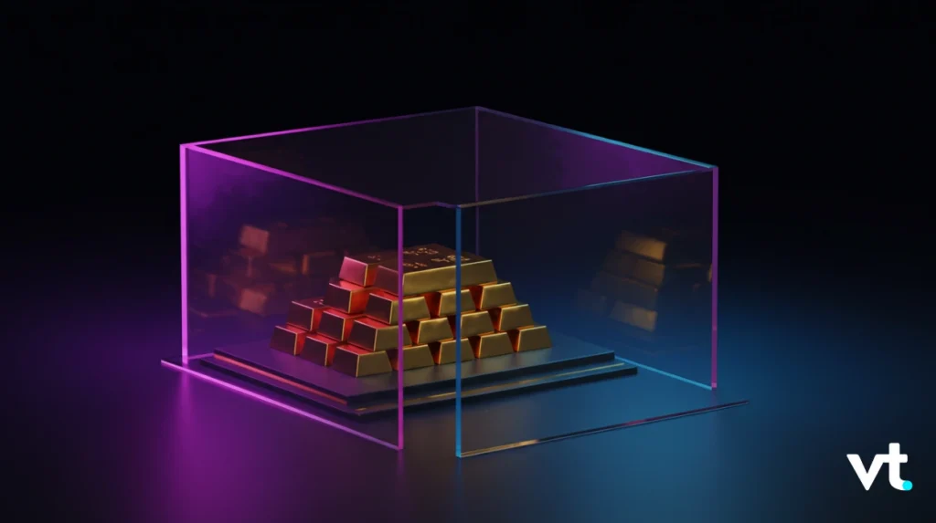 Pyramid of gold bars inside a glass display case with neon purple and blue lighting; VT logo in the bottom right corner.