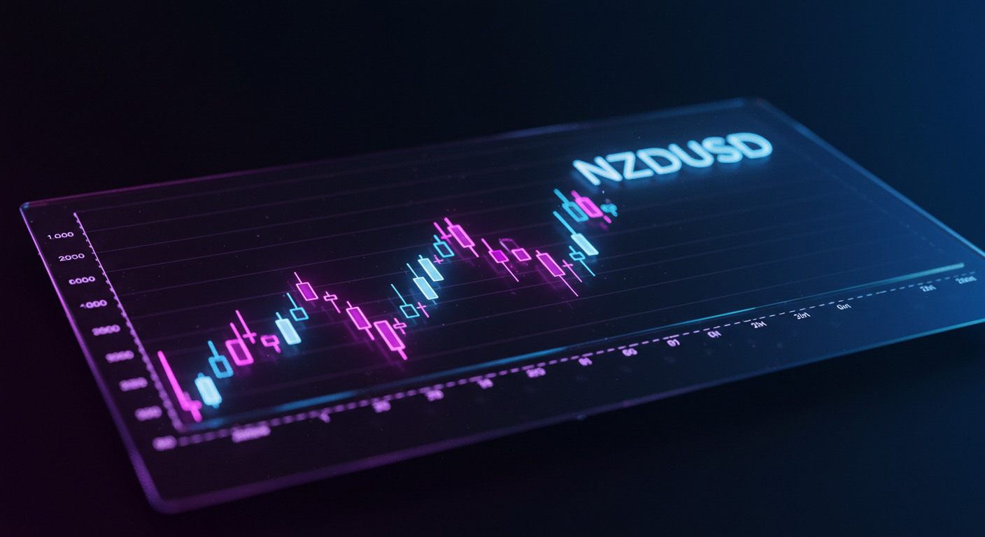 Neon-lit candlestick stock chart on a transparent display labeled NZDUSD, with blue and pink candles against a dark background