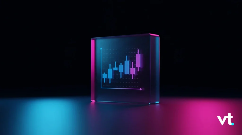 Glass cube with a blue/purple candlestick chart glowing against a dark background, VT logo in the bottom-right corner.