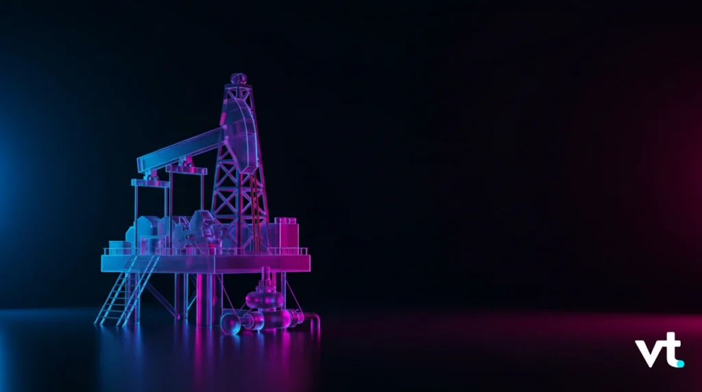 Neon-lit offshore oil rig model on a dark surface with blue and pink lighting; VT logo bottom right.