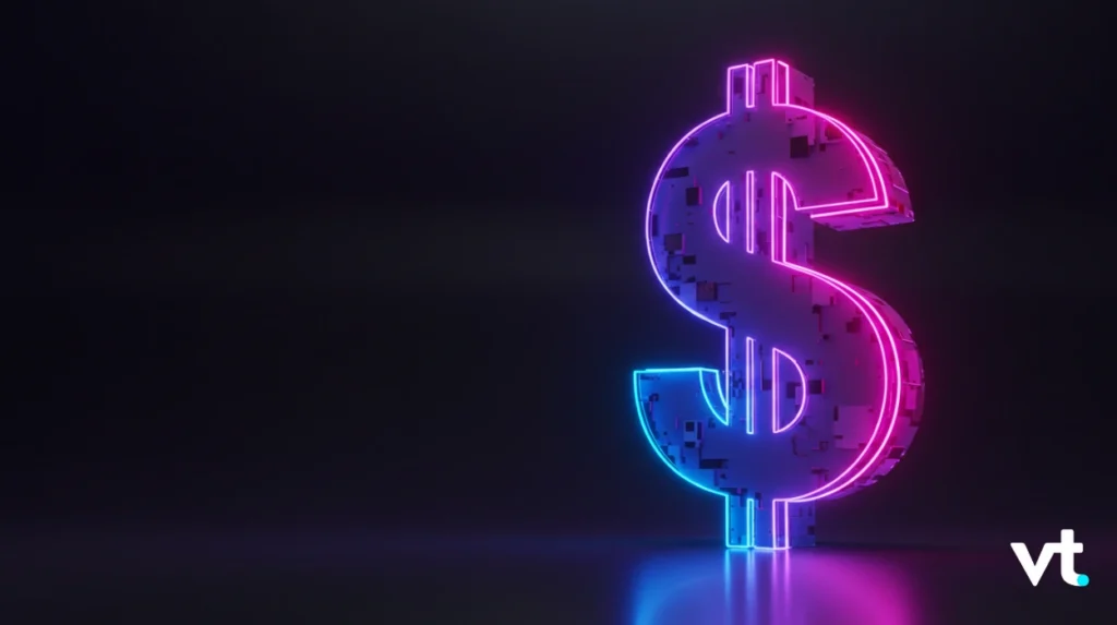 Neon pink-and-blue dollar sign sculpture glowing against a dark background, with a VT logo in the bottom-right corner.