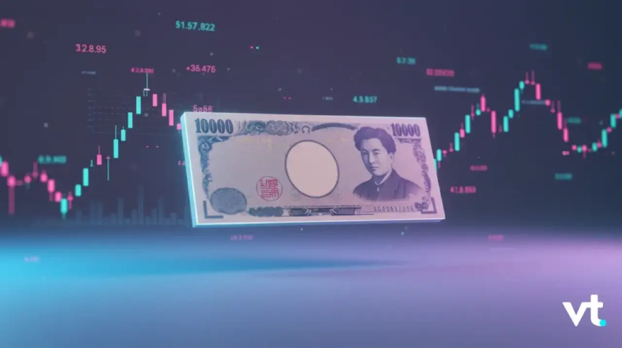 Floating 10,000 yen bill over a colorful stock market chart backdrop with VT logo in the corner