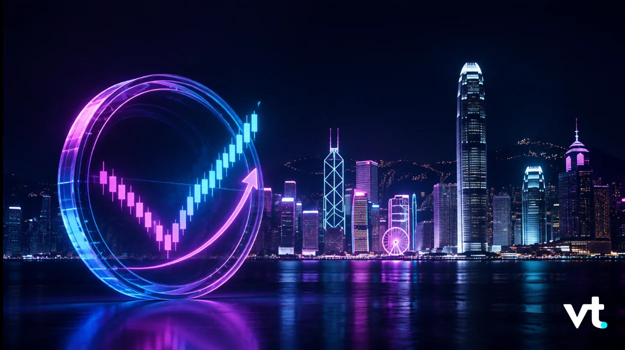Neon night cityscape with a glowing circular chart and rising bars, symbolizing market growth, with a VT logo in the corner.