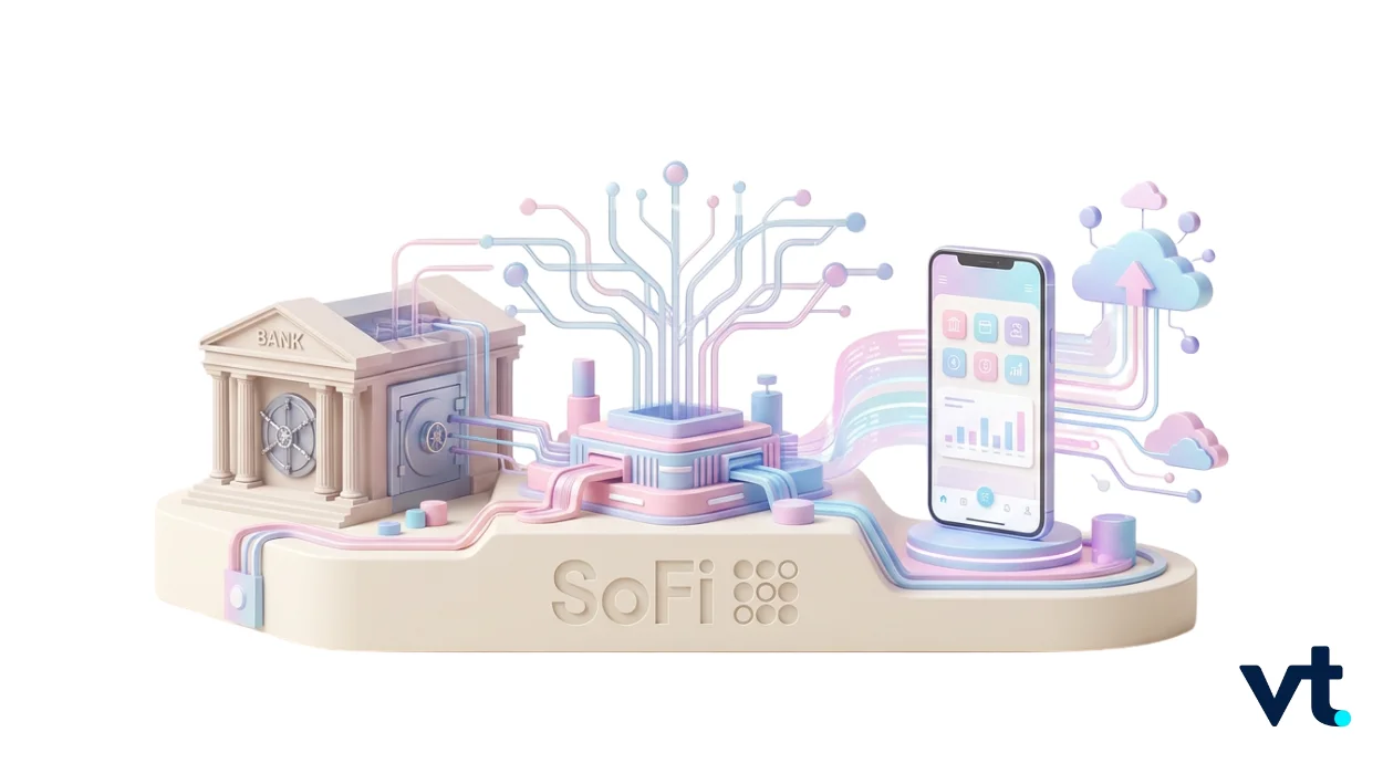 3D fintech illustration showing a bank connected by colorful circuits to a smartphone and cloud icons, symbolizing digital banking and data flows.