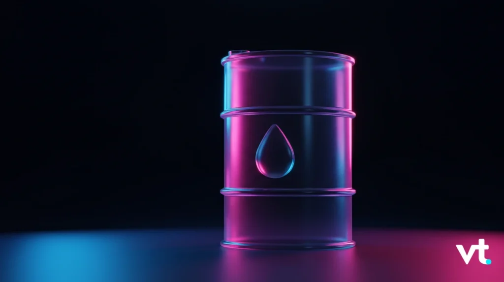 Neon-lit oil barrel with a droplet emblem against a dark background, pink and blue highlights on the drum surface.