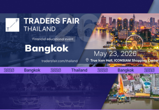 Event banner for Traders Fair Thailand Bangkok 2016, with date May 23, venue True Icon Hall, featuring city skyline.