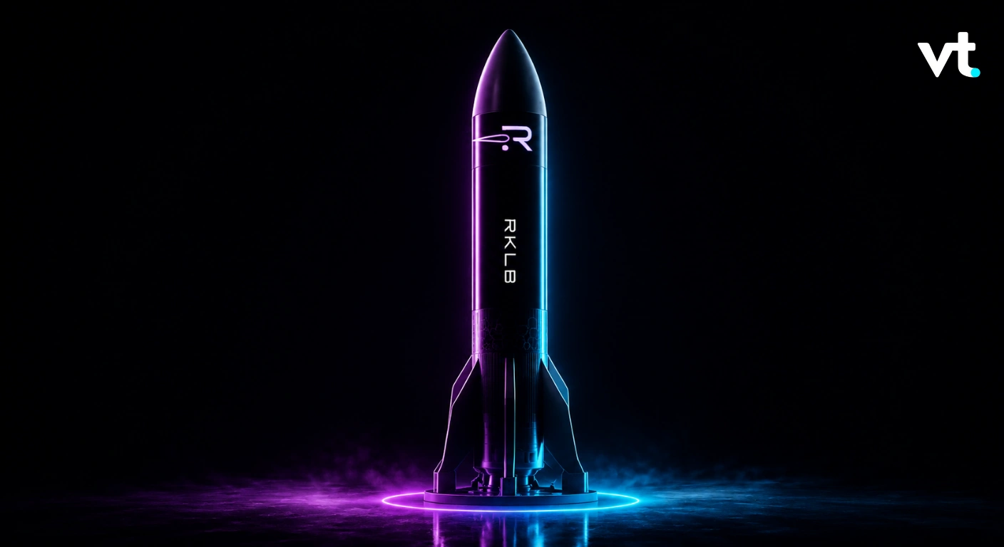 Neon-lit rocket model on a glowing circular pad, purple and blue accents against a dark background; VT branding in corner/edge.