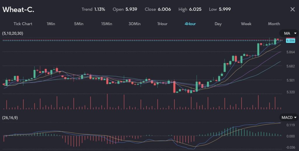 Chart from VT Markets Trading App that shows wheat futures experiencing an upswing