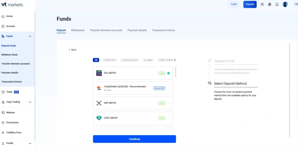 image 6 VT Markets Funds page with deposit options and a blue Continue button methods include SOL BEP20 CreditDebit Card USD Recommended XRP BEP20 and USDT BEP20 plus a right hand panel about Deposit Funds and how to select a method