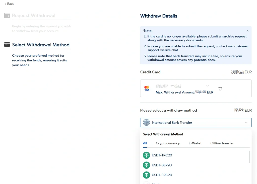 image 6 VT Markets Withdrawal Details page showing left navigation with Select Withdrawal Method and right panel featuring a blue note box and current withdrawal amounts