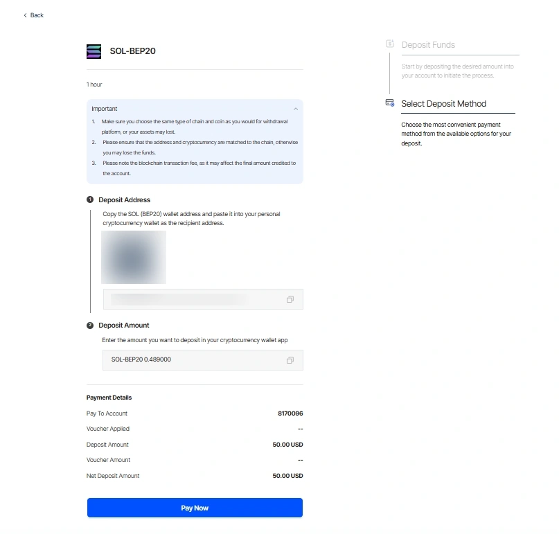 image 7 VT Markets Deposit screen for SOL BEP20 with important notes a blurred addressQR area amount 50 USD payment details and a blue Pay Now button
