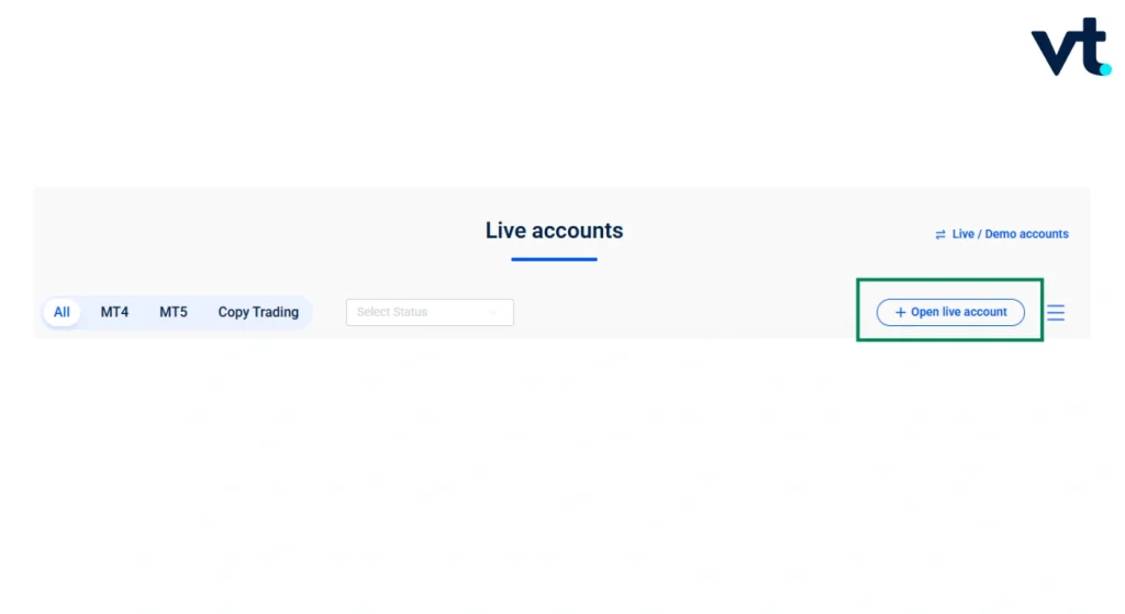 Trading dashboard header reading 'Live accounts' with tabs All, MT4, MT5, Copy Trading and an outlined '+ Open live account' button (top-right vt logo shown).