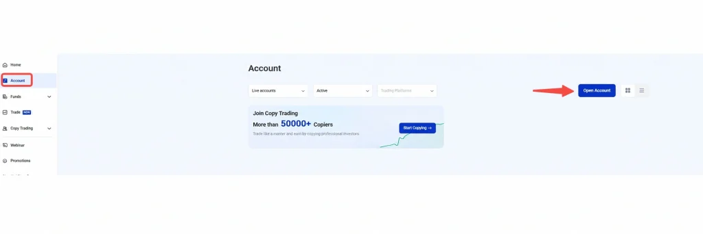 image 10 VT Markets Web app Account page with left navigation highlighting Account header Account three dropdown filters and a blue Open Account button on the right